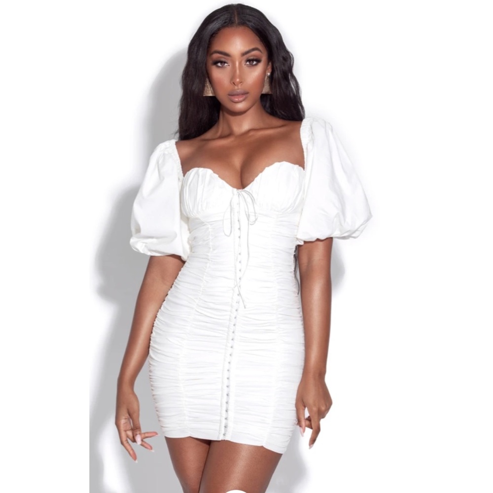 White ruched corset lace up dress